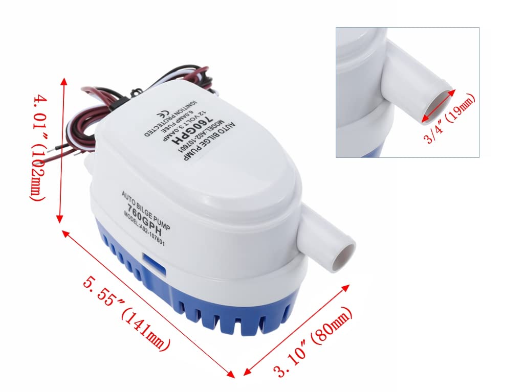 Mono-gatari Automatic Submersible Boat Bilge Pump Auto Bilge Pumps for Boats with Float Switch 12V 760GPH 3/4 inch (19mm) Outlet Dia