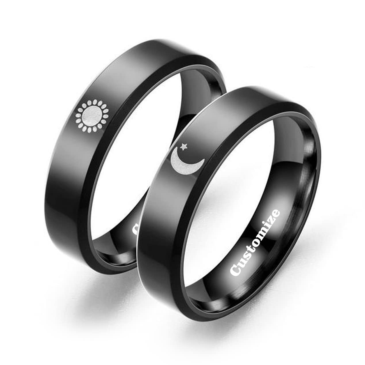 Customized Engagement Wedding Ring Matching Rings for Couples Sun and Moon Ring Promise Couple Ring Personalized Band Sets for Him and Her Stainless Steel High Polished Comfort Fit Black (1)