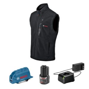 BOSCH Heated Vest Kit with Portable Power Adapter 12 Volt High Capacity Lithium Ion Battery, Black