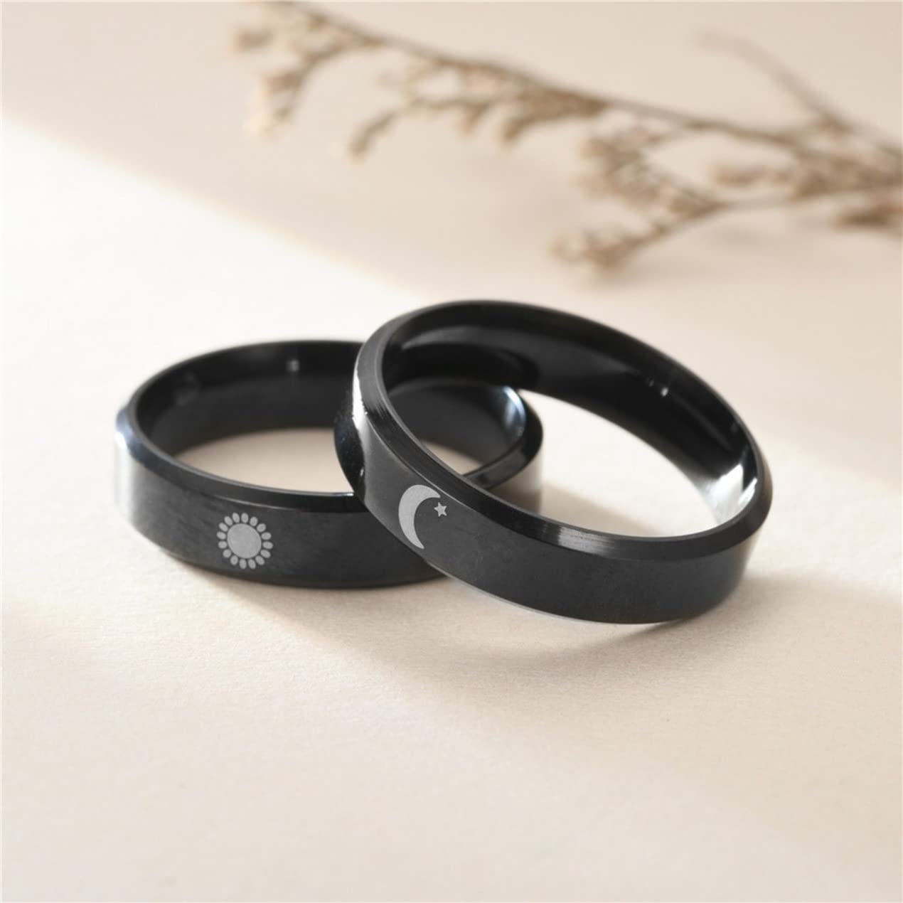 Customized Engagement Wedding Ring Matching Rings for Couples Sun and Moon Ring Promise Couple Ring Personalized Band Sets for Him and Her Stainless Steel High Polished Comfort Fit Black (1)