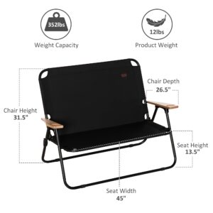 Outsunny Double Folding Camping Chair, Loveseat for 2 Adults, Portable Camping Couch with Wood Armrest & Cupholders, for Backpacking, Beach, Sports Travel, Black