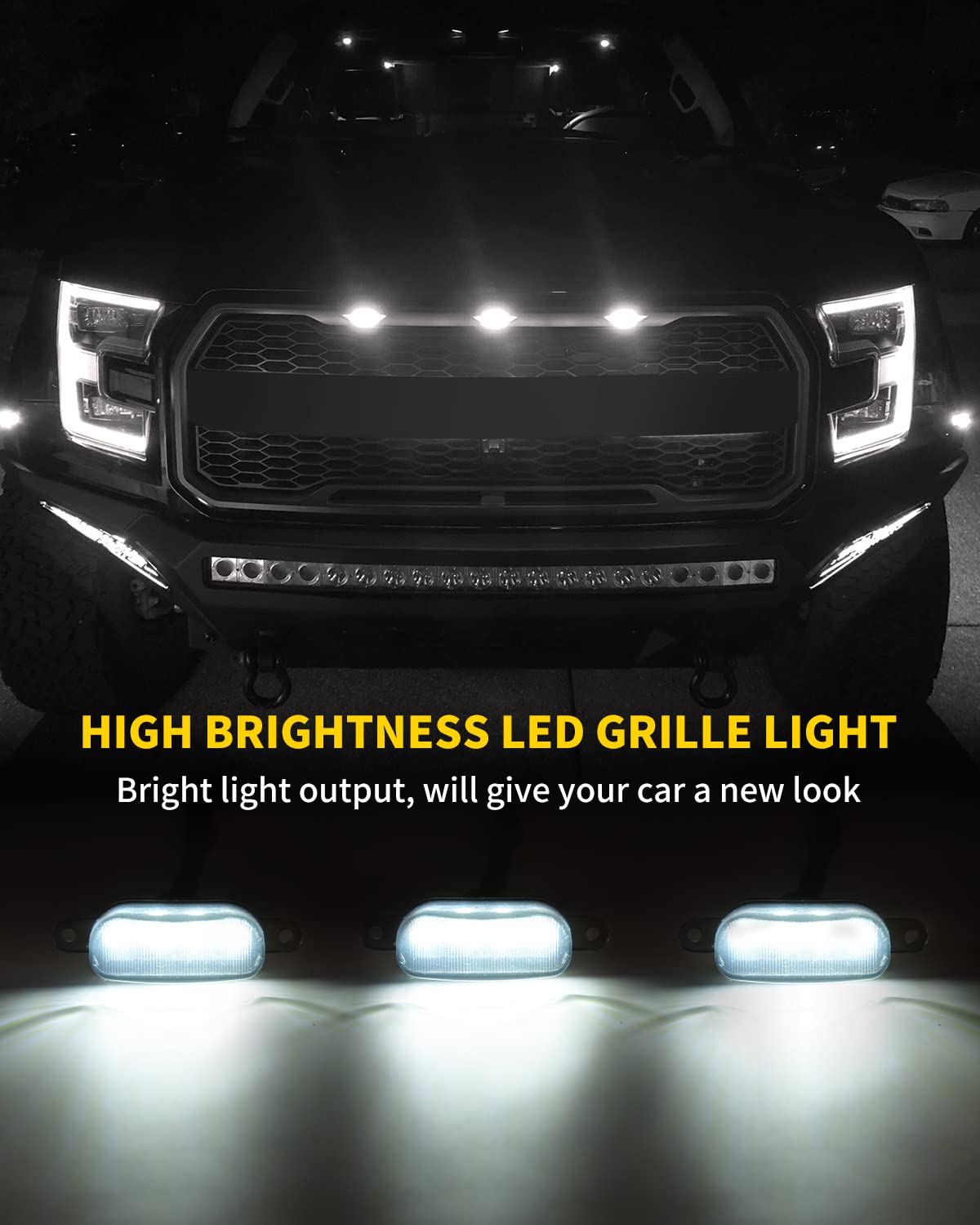 MEALAM White LED Lights 3PCS Front Grille Raptor Lamps Car Accessories with Harness and Fuse, Compatible with 2004-2019 for-d F150 & 2013-2018 Ram 1500 Raptor Style Aftermarket Grille