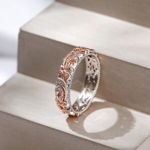 Jeulia Floral Ring Band Sterling Silver Two Tone Leaf Carved Vintage Unique Hollow Flower Rose Gold Jewelry Engagement Wedding Bridal Sets Stackable Anniversary Promise with Gift Box (Floral, 10)