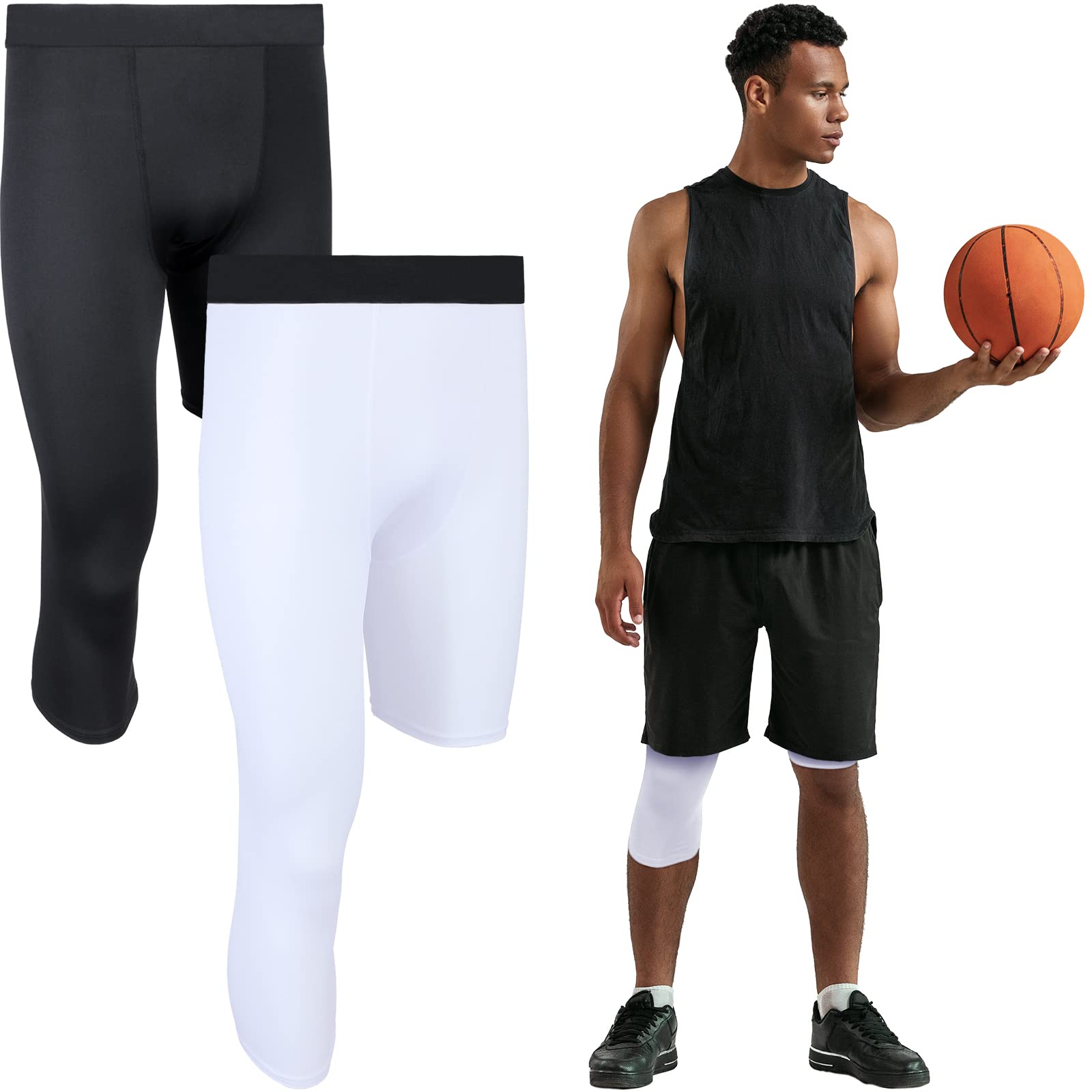 2 Packs Men's Football 3/4 One Leg Compression Tights Unisex Leggings Athletic Base Layer for Football Basketball Sports(Small,White, Black)