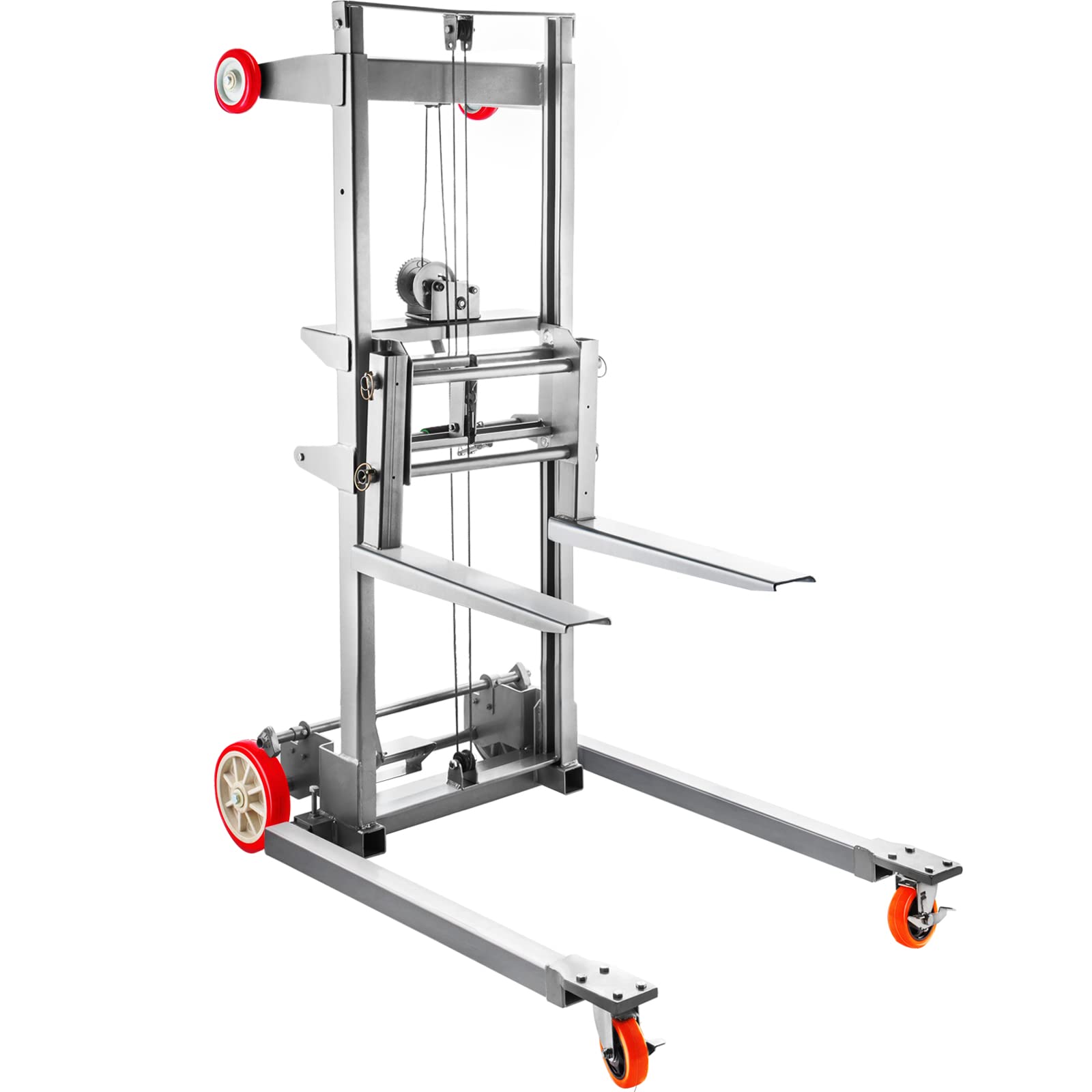 VEVOR Manual Winch Stacker, 41.7"L x 25.8"W Hand Winch Lift Trucks w/ 8.7" – 106.3" Height Range, with 441 lbs Capacity and Adjustable Straddle, Material Lifts for Warehouse and Factory