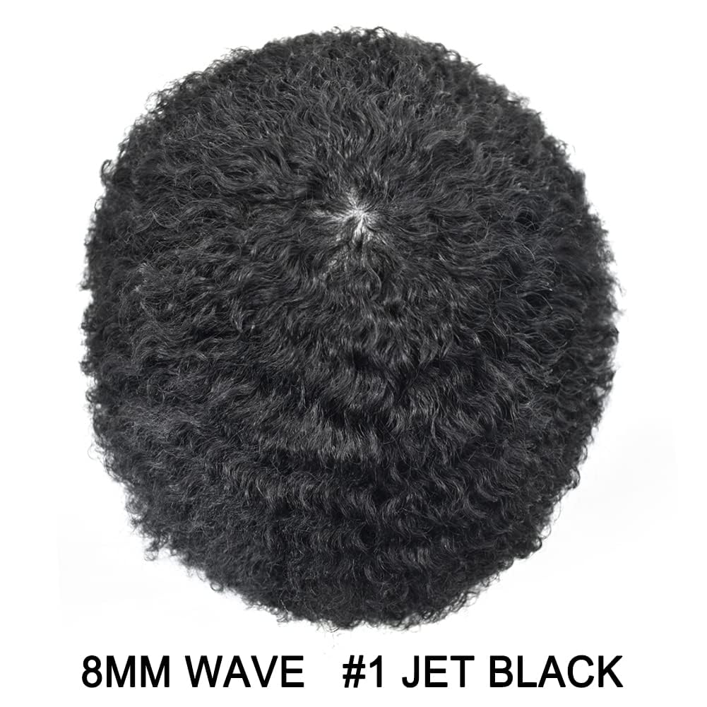 Hair Units for Black Men Afro Toupee for Black Men Kinky Curly Human Hair Piece Replacement African American Afro Wavy Men Toupee Hairpiece Thin Skin Men Hair System(8"X10", #1Jet Black-8mm Wave Curl)