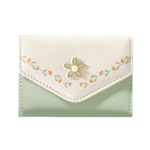 mozxirz women girls wallet cute flower tri-fold wallet pu leather purse slim short wallet small trifold cash card holder bag (green)