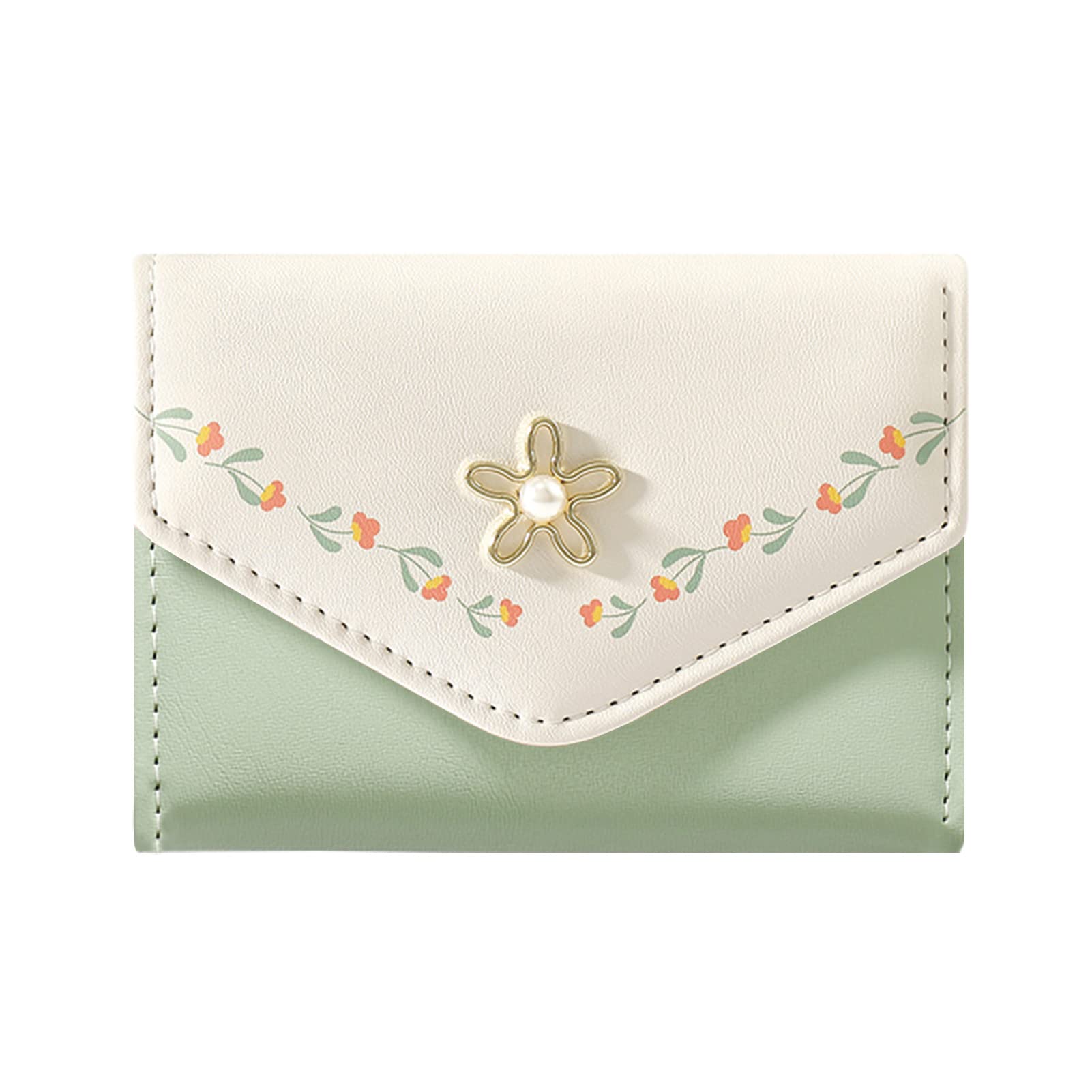 MOZXIRZ Women Girls Wallet Cute Flower Tri-Fold Wallet PU Leather Purse Slim Short Wallet Small Trifold Cash Card Holder Bag (Green)