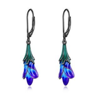 CRMAD Tulip Leverback Earrings for Women Sterling Silver Purple Tulip Flower Dangle Handmade Earring