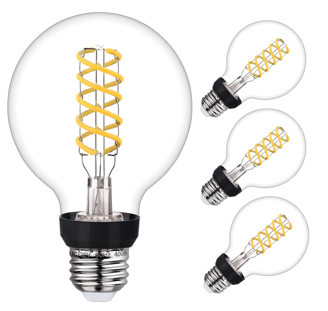 G25 LED Globe Light Bulbs, 4 Pack, Neutral 4000K, 6W Equivalent to 60W, 600LM, Dimmable with 80+ CRI, E26 Base, Clear Glass, Antique Flexible Spiral LED Filament Light Bulb, Vintage LED Edison Bulb