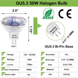 Rnyloas MR16 Halogen Bulb 50W Dimmable, High Brightness MR16 Bulb 12V Warm White 2800K with GU5.3 Base, MR16 GU5.3 Bulb 36° Beam Angle with Clear Glass Cover for Long Lasting Lifetime