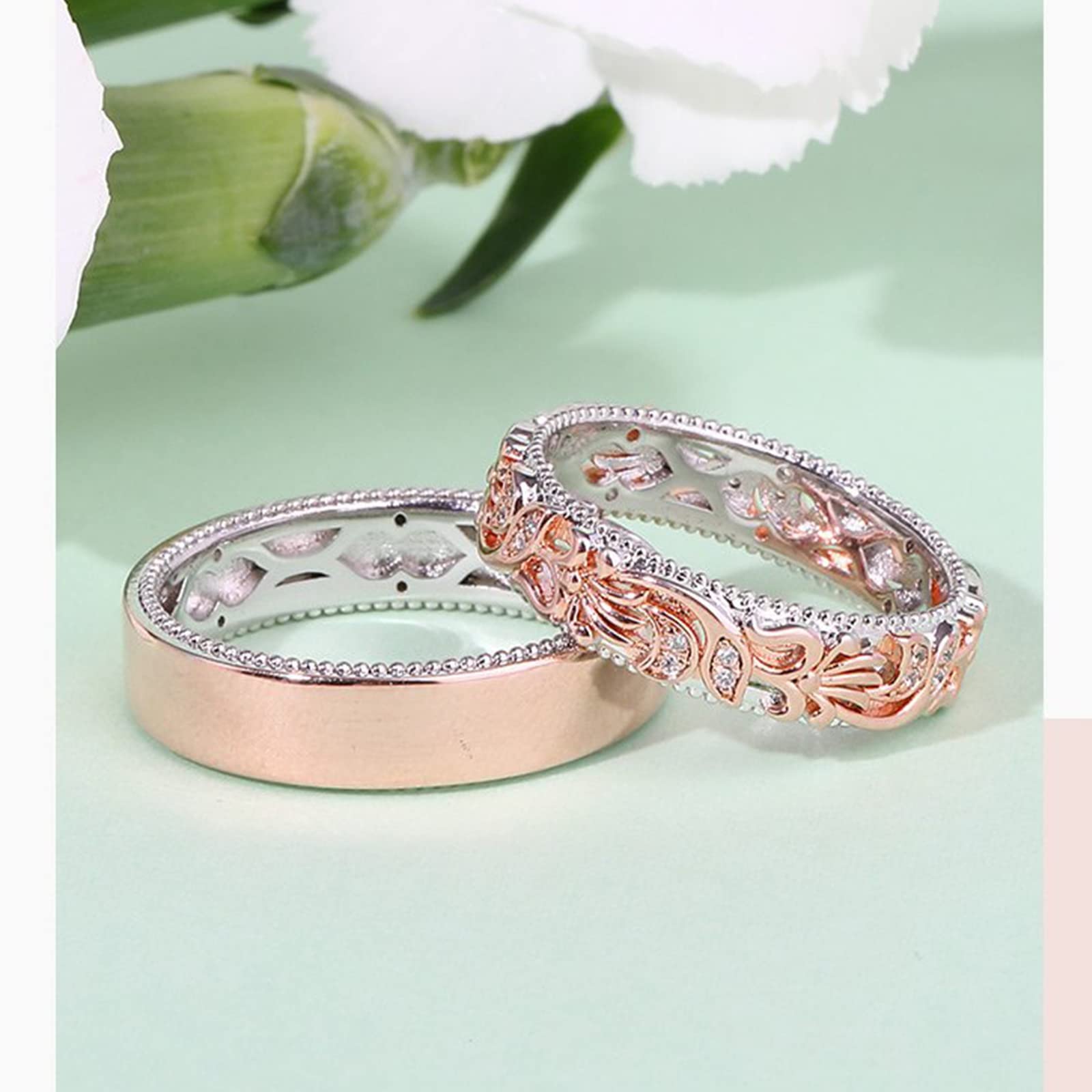 Jeulia Floral Ring Band Sterling Silver Two Tone Leaf Carved Vintage Unique Hollow Flower Rose Gold Jewelry Engagement Wedding Bridal Sets Stackable Anniversary Promise with Gift Box (Floral, 10)