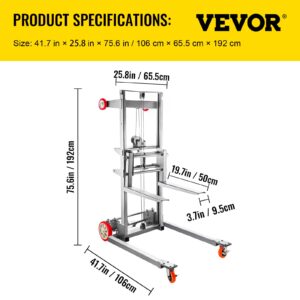 VEVOR Manual Winch Stacker, 41.7"L x 25.8"W Hand Winch Lift Trucks w/ 8.7" – 106.3" Height Range, with 441 lbs Capacity and Adjustable Straddle, Material Lifts for Warehouse and Factory