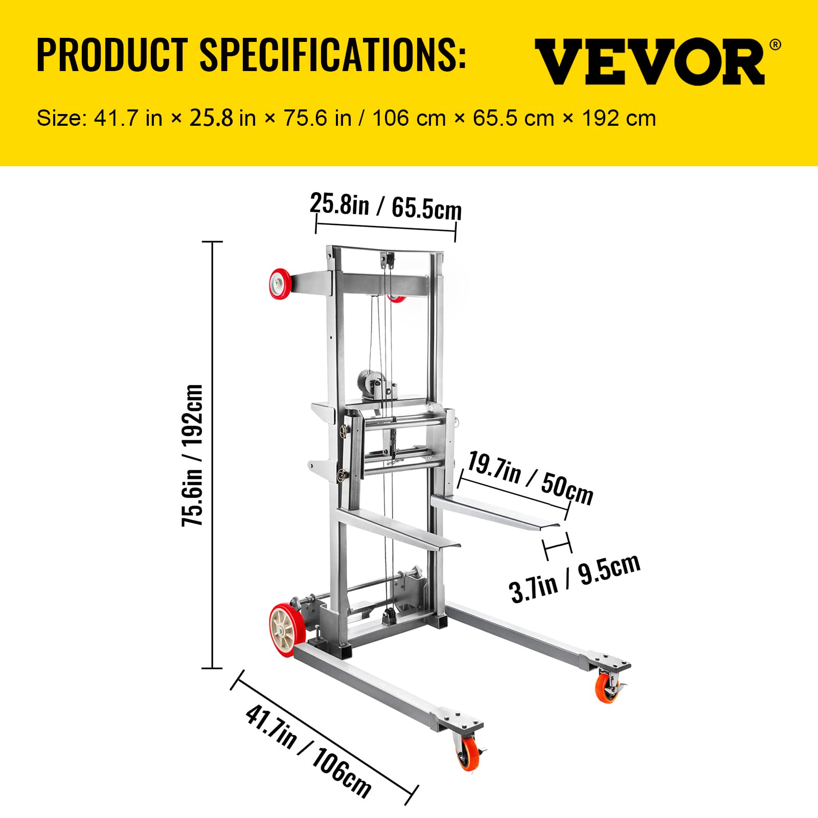 VEVOR Manual Winch Stacker, 41.7"L x 25.8"W Hand Winch Lift Trucks w/ 8.7" – 106.3" Height Range, with 441 lbs Capacity and Adjustable Straddle, Material Lifts for Warehouse and Factory