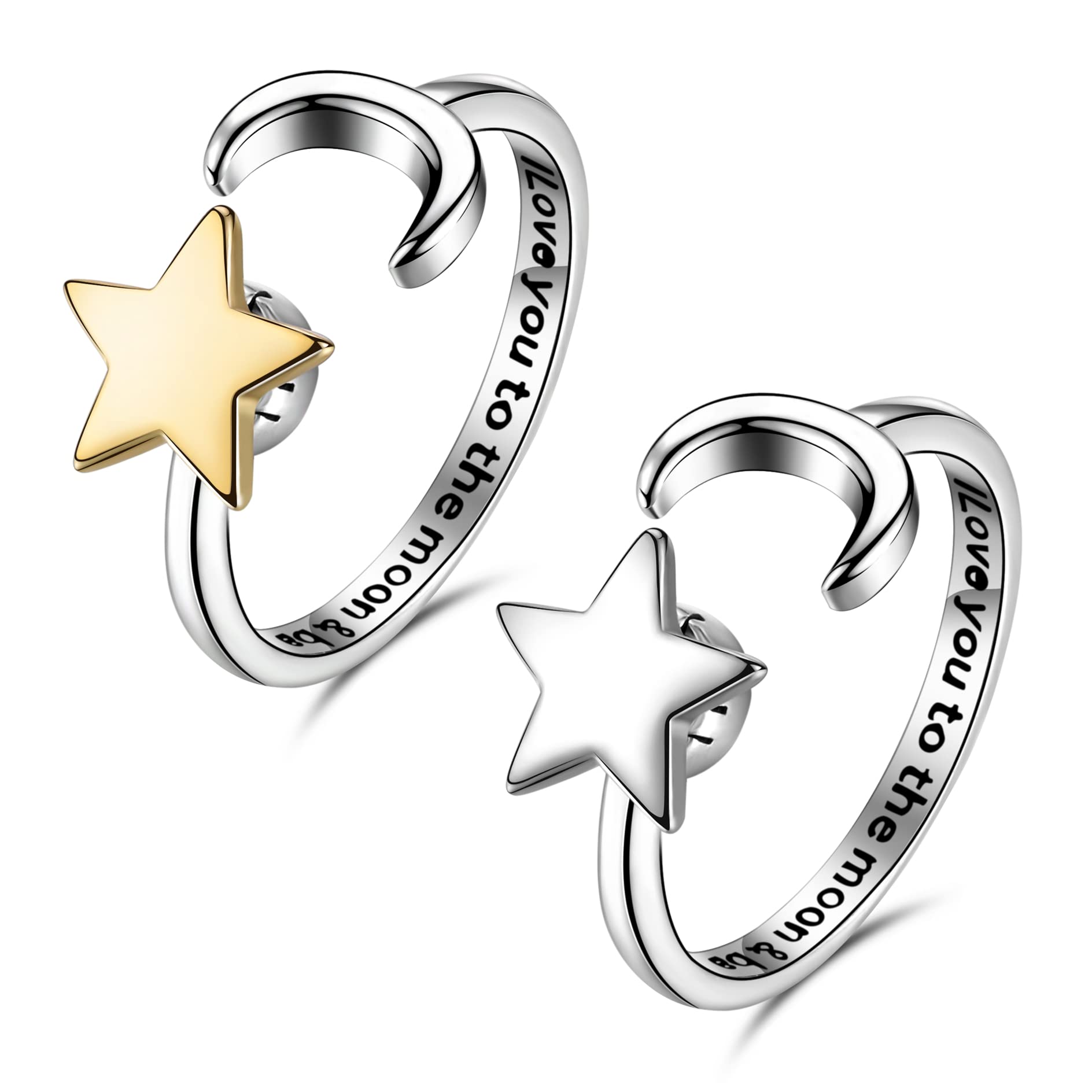 OAYAO Moon Star Anxiety Ring Spinner, 2Pcs Adjustable Moon Rings for Women Sterling Silver, Spinner Fidget Rings for Anxiety For Women