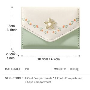 MOZXIRZ Women Girls Wallet Cute Flower Tri-Fold Wallet PU Leather Purse Slim Short Wallet Small Trifold Cash Card Holder Bag (Green)