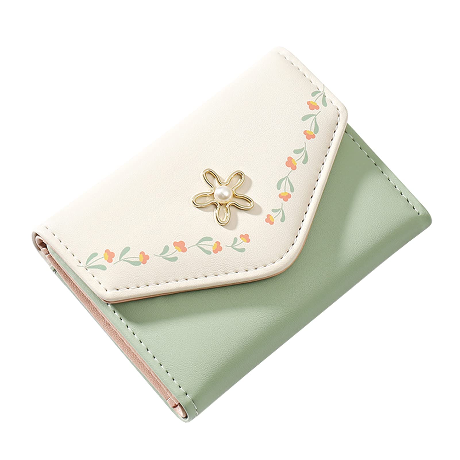 MOZXIRZ Women Girls Wallet Cute Flower Tri-Fold Wallet PU Leather Purse Slim Short Wallet Small Trifold Cash Card Holder Bag (Green)