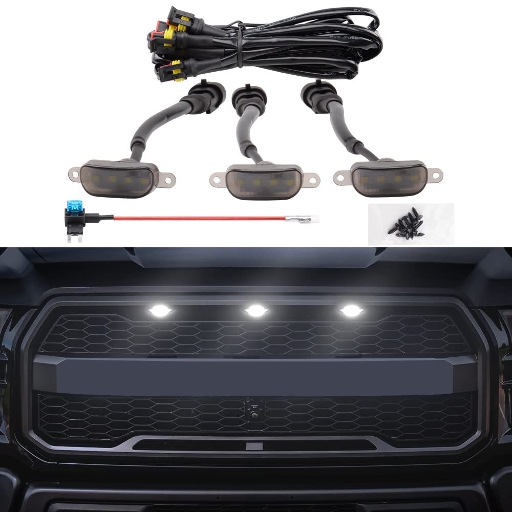 MEALAM White LED Lights 3PCS Front Grille Raptor Lamps Car Accessories with Harness and Fuse, Compatible with 2004-2019 for-d F150 & 2013-2018 Ram 1500 Raptor Style Aftermarket Grille