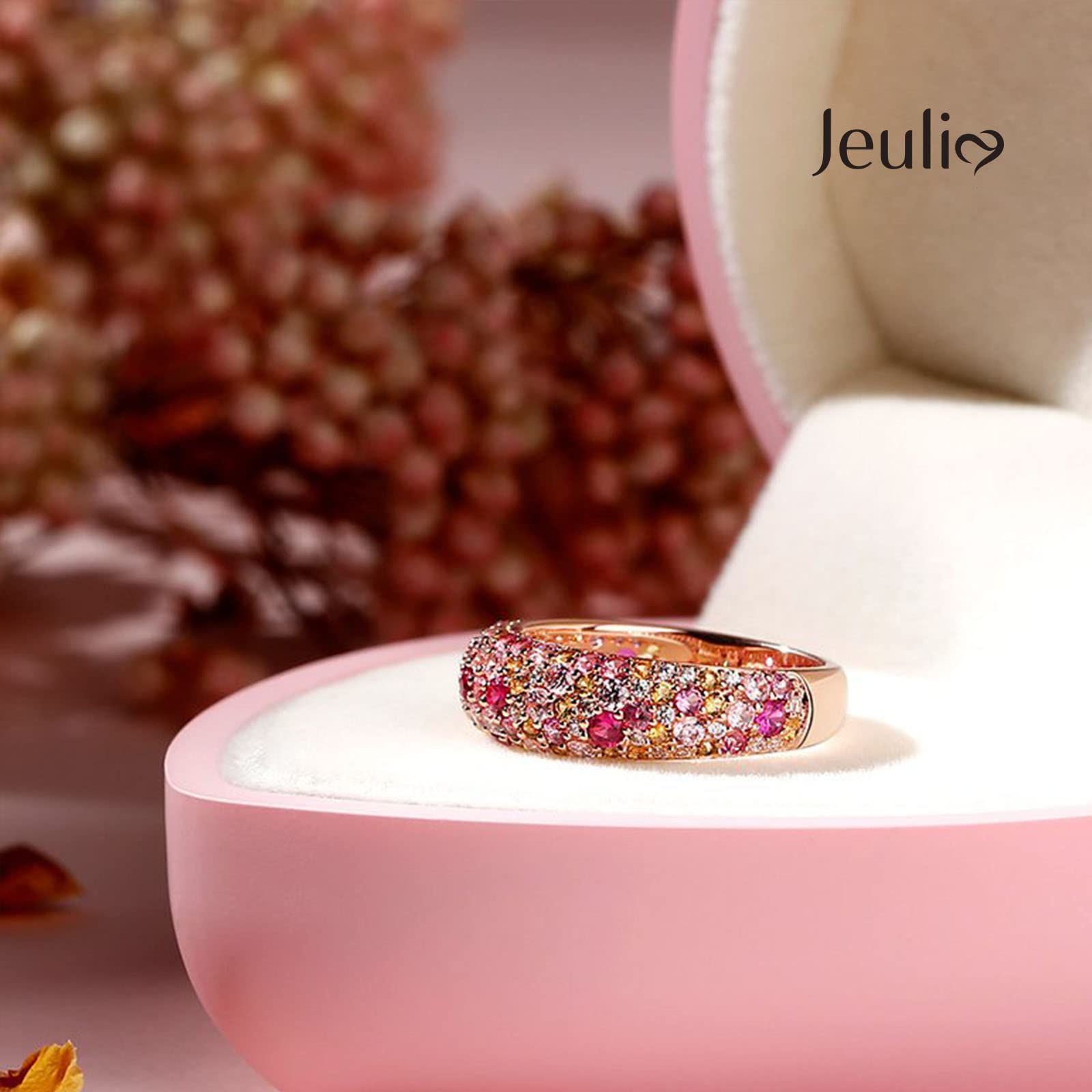 Jeulia Eternity Ring Wedding Band Multi-color Stones Sterling Silver Rose Gold Plated Cubic Zirconia Double Row Jewelry for Women Engagement Bridal Sets Anniversary Promise with Gift Box (Pink, 9)