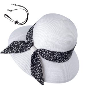 womens straw sun hat summer beach wide brim uv protection hats with chin strap leopard white floppy foldable packable ladies fashion cute bowknot travel upf 50 cap for girls