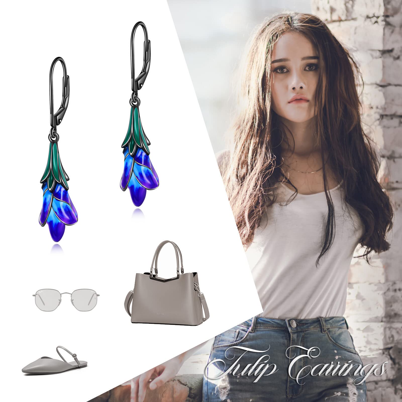 CRMAD Tulip Leverback Earrings for Women Sterling Silver Purple Tulip Flower Dangle Handmade Earring