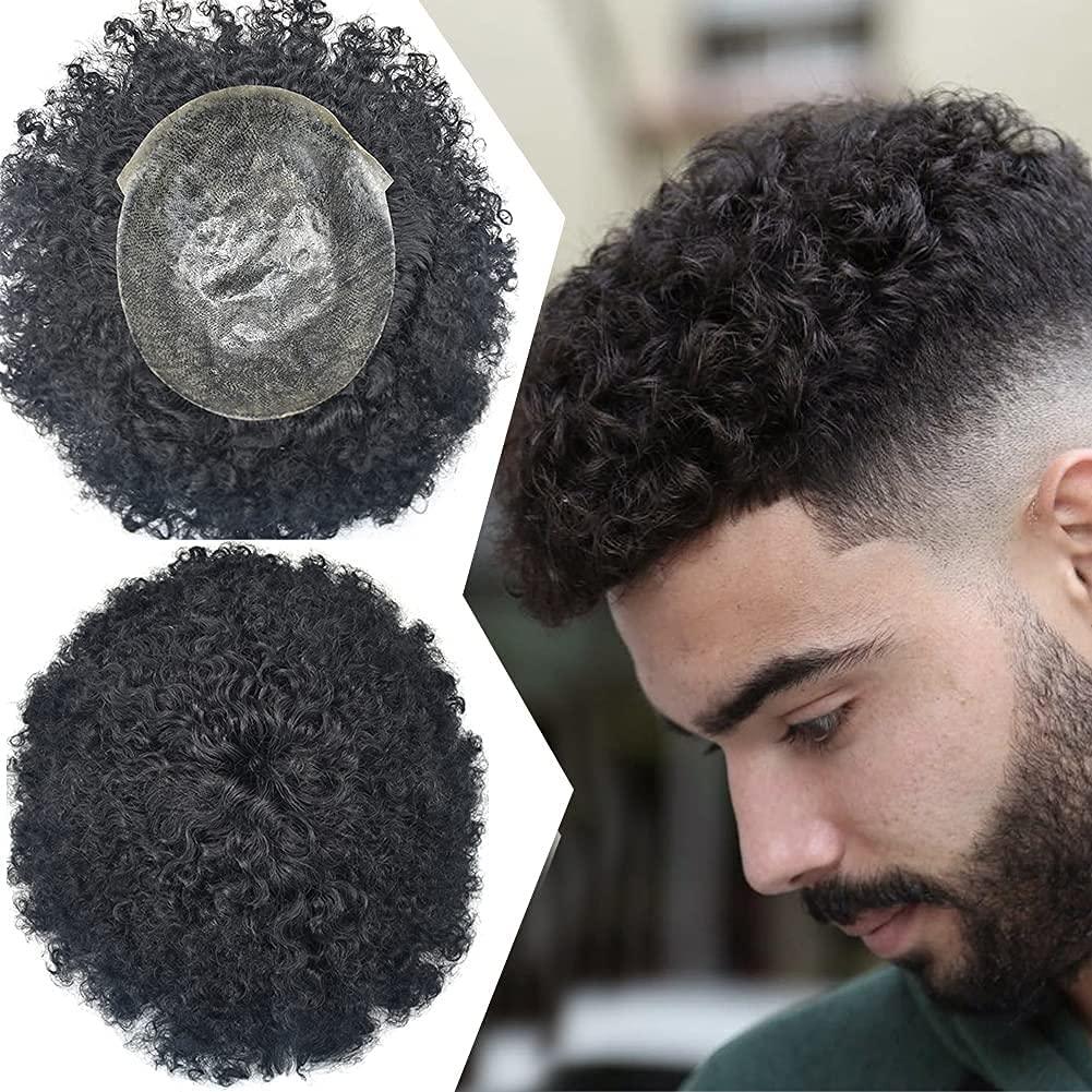 Curve Hair Afro Curl Mens Toupee Full Poly Skin Skin PU Injection Human Hair Replacement Systems African American THIN SKIN Man Weave Hair Unit 8X10inch (8"X10", 1Jet Black-10mm Wave Curl)