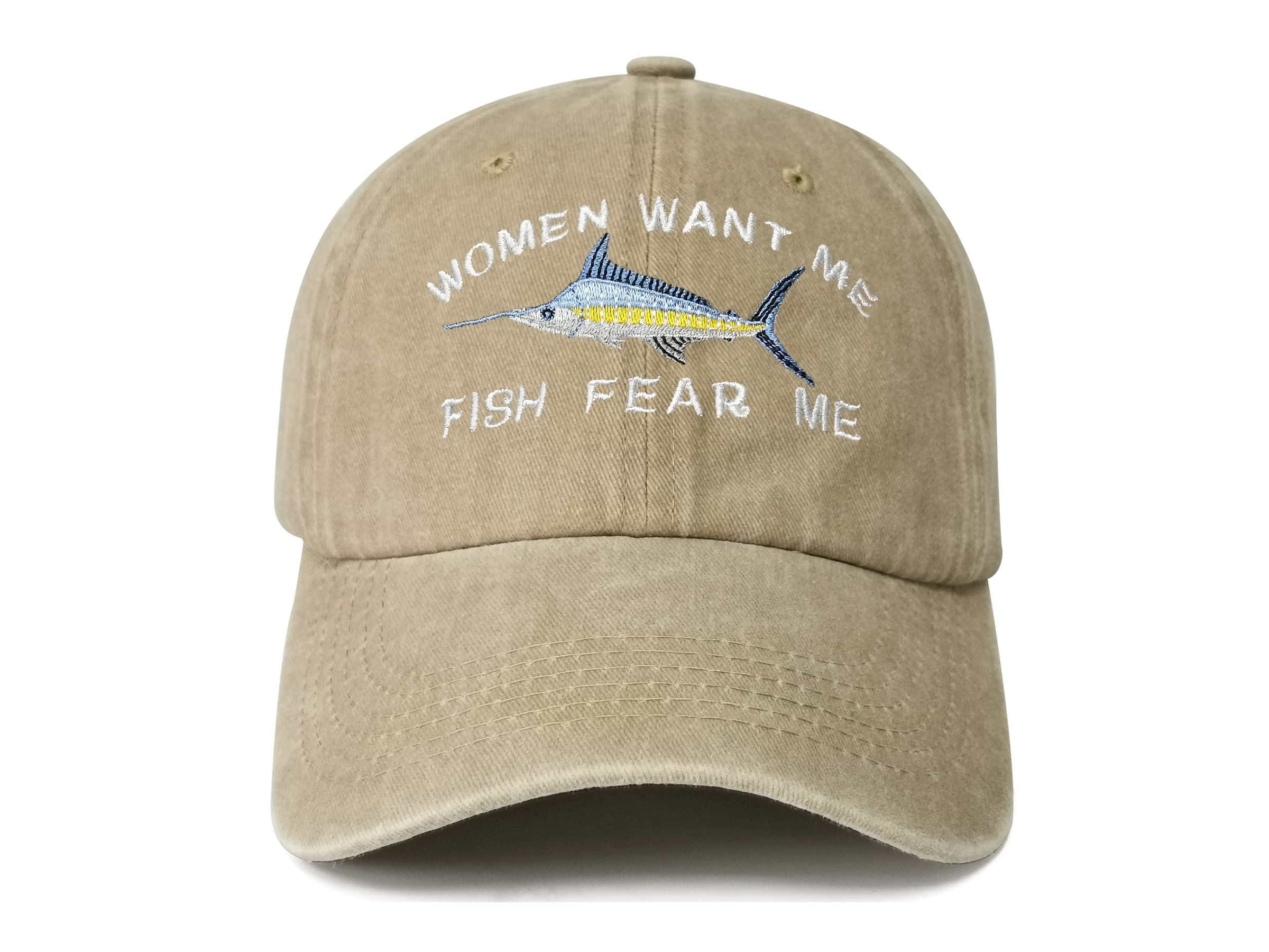 Enodtter Women Want Me Fish Fear Me Hat Embroidered, Khaki Embroidery Baseball Caps for Men, Adjustable Snapback Trucker Hat Outdoor Dad Hats