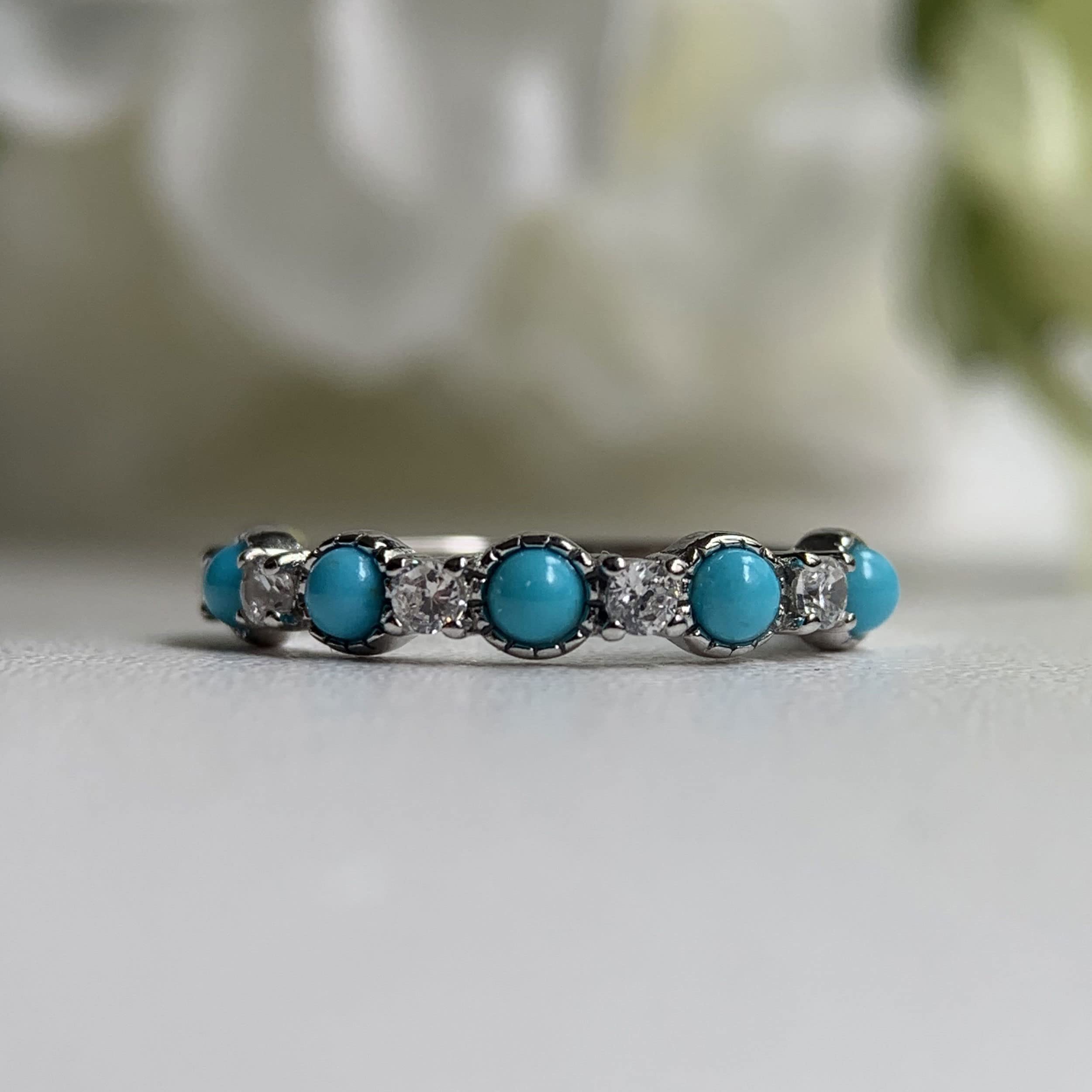 LUVJOO Turquoise Ring Sterling Silver CZ Half Eternity Wedding Band Stackable Blue Gemstone December Birthstone Rings Size 7, Blue,White,Silver