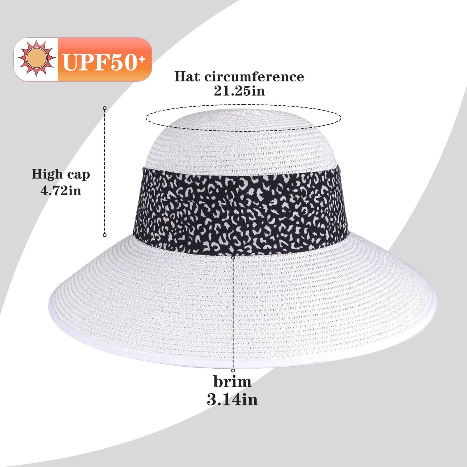 Womens Straw Sun Hat Summer Beach Wide Brim UV Protection Hats with Chin Strap Leopard White Floppy Foldable Packable Ladies Fashion Cute Bowknot Travel UPF 50 Cap for Girls