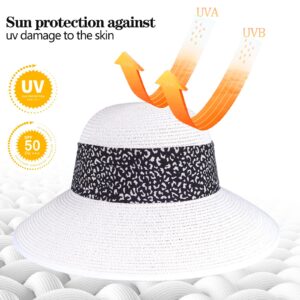 Womens Straw Sun Hat Summer Beach Wide Brim UV Protection Hats with Chin Strap Leopard White Floppy Foldable Packable Ladies Fashion Cute Bowknot Travel UPF 50 Cap for Girls