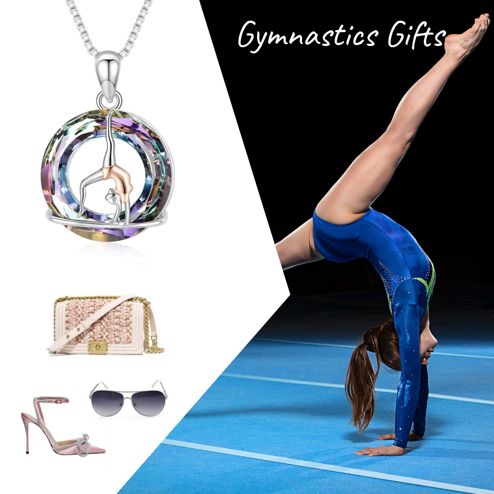 JUSTKIDSTOY Gymnastics Necklace 925 Sterling Silver Flipping Gymnast Team Necklace with Crystal Pendant Gymnastics Jewelry Gifts for Women