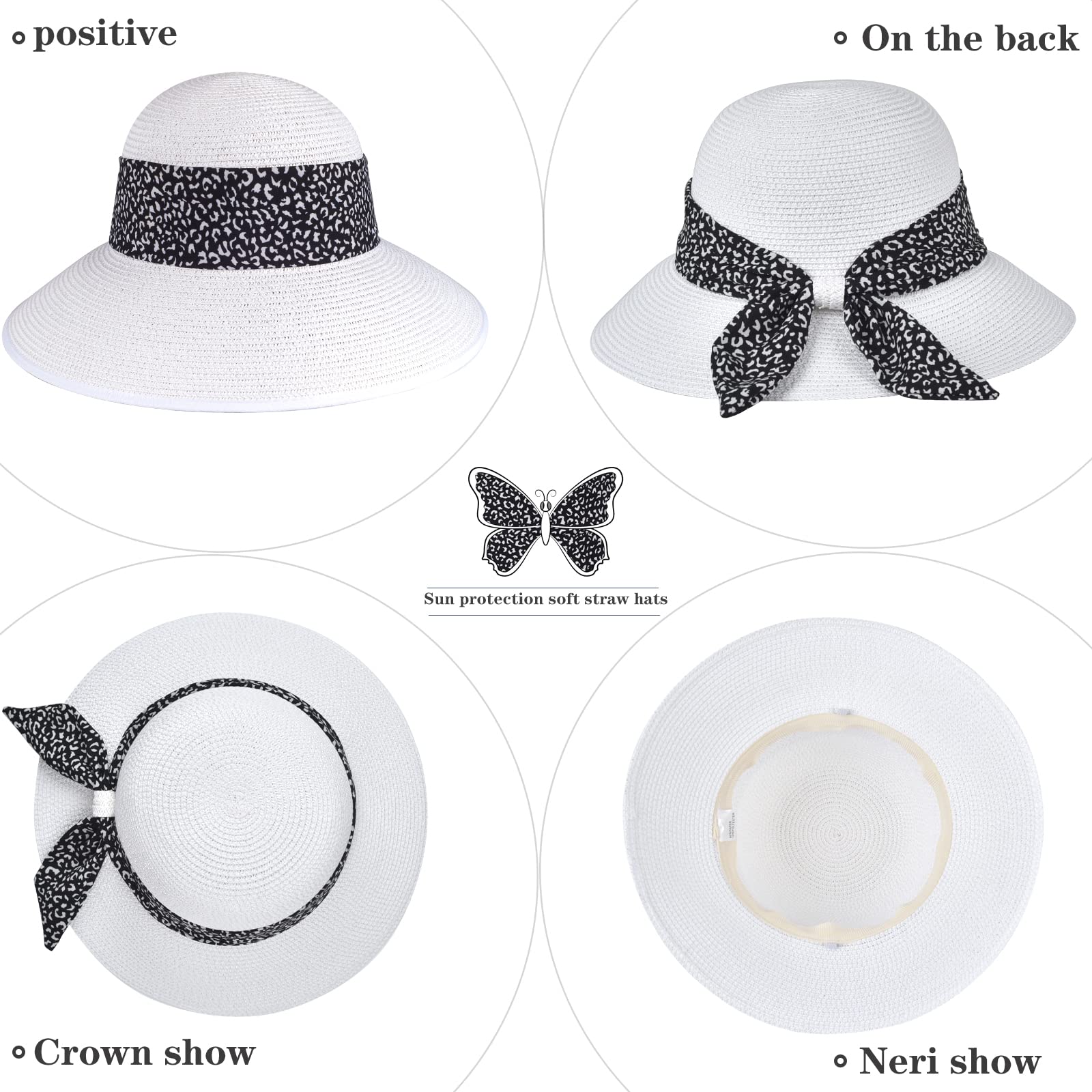 Womens Straw Sun Hat Summer Beach Wide Brim UV Protection Hats with Chin Strap Leopard White Floppy Foldable Packable Ladies Fashion Cute Bowknot Travel UPF 50 Cap for Girls