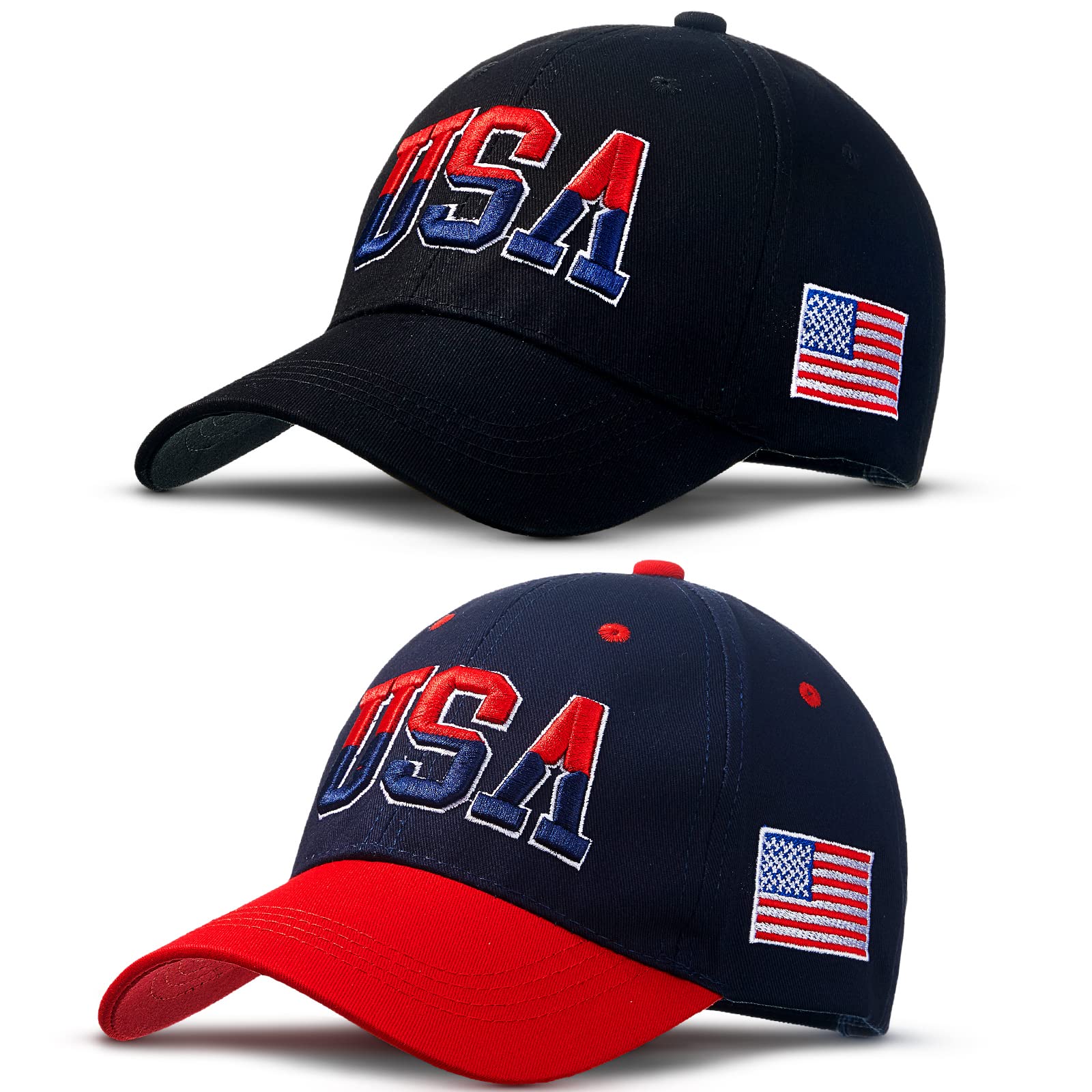 2 Pieces Patriotic Baseball Cap Adjustable Cotton Dad Hat USA Embroidered American Flag Cap for Men Women (Blended Color)