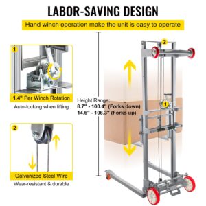 VEVOR Manual Winch Stacker, 41.7"L x 25.8"W Hand Winch Lift Trucks w/ 8.7" – 106.3" Height Range, with 441 lbs Capacity and Adjustable Straddle, Material Lifts for Warehouse and Factory