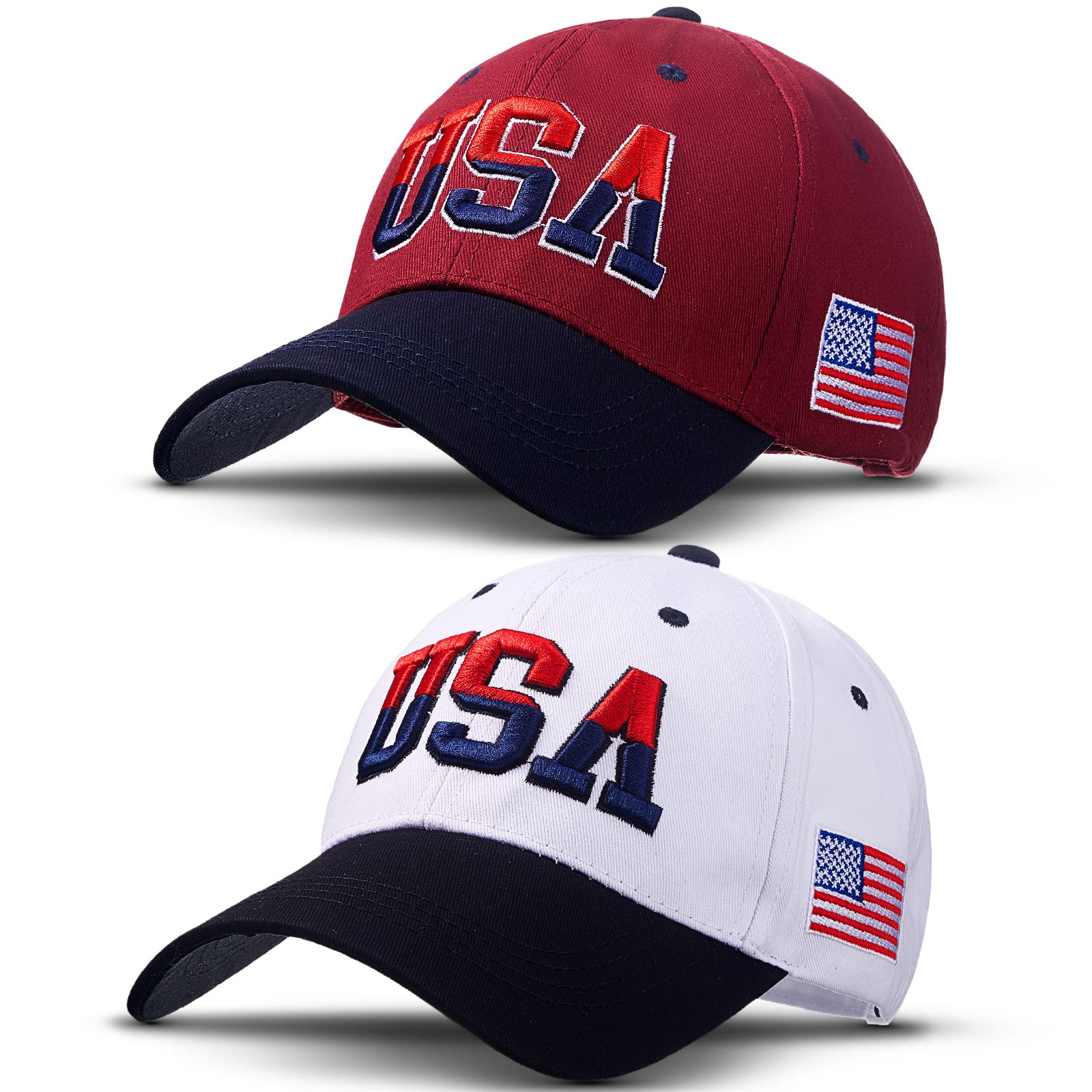 2 Pieces Patriotic Baseball Cap Adjustable Cotton Dad Hat USA Embroidered American Flag Cap for Men Women (Mixed Color)