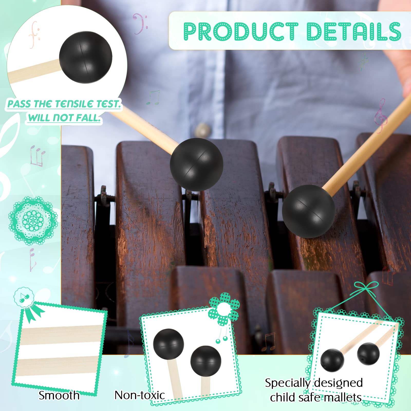 Boao 6 Pcs Rubber Mallet Percussion Xylophone Bell Mallets Glockenspiel Sticks Drum Stick Mallet with Wood Handle Rubber Mallet Percussion Instrument Kit for Gong Woodblock Drum Bells (Black)