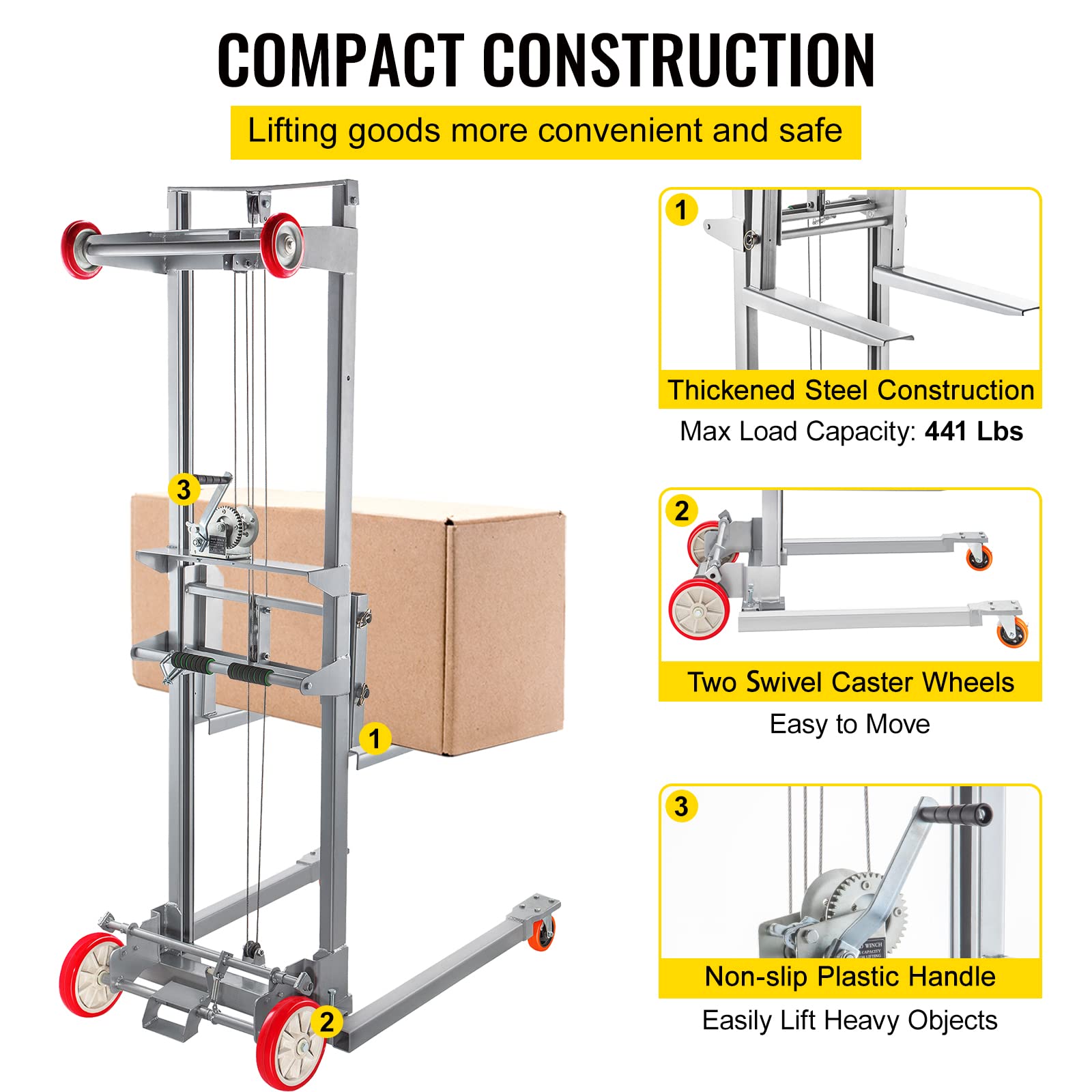 VEVOR Manual Winch Stacker, 41.7"L x 25.8"W Hand Winch Lift Trucks w/ 8.7" – 106.3" Height Range, with 441 lbs Capacity and Adjustable Straddle, Material Lifts for Warehouse and Factory