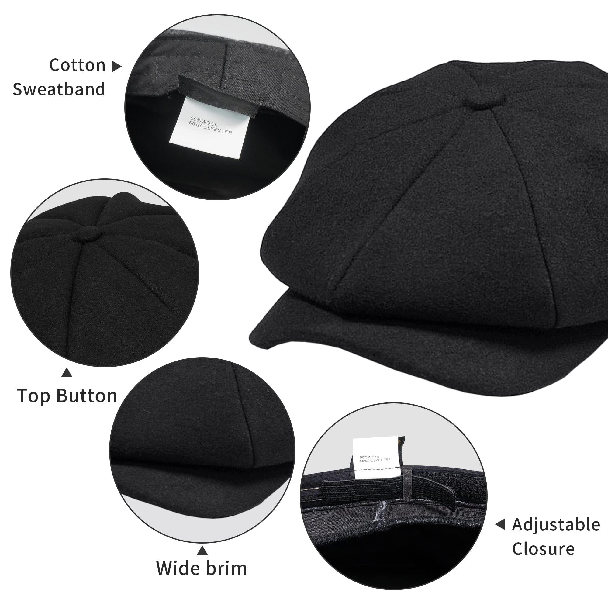 POUDAY Newsboy Hat for Men Newsboy Cap Irish Cap Newsies Cabbie Hat for Men Flat Winter Hat Men Pure Black