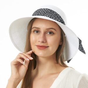 Womens Straw Sun Hat Summer Beach Wide Brim UV Protection Hats with Chin Strap Leopard White Floppy Foldable Packable Ladies Fashion Cute Bowknot Travel UPF 50 Cap for Girls