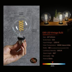 G25 LED Globe Light Bulbs, 4 Pack, Neutral 4000K, 6W Equivalent to 60W, 600LM, Dimmable with 80+ CRI, E26 Base, Clear Glass, Antique Flexible Spiral LED Filament Light Bulb, Vintage LED Edison Bulb