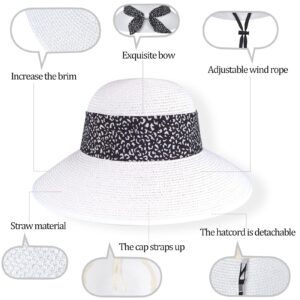 Womens Straw Sun Hat Summer Beach Wide Brim UV Protection Hats with Chin Strap Leopard White Floppy Foldable Packable Ladies Fashion Cute Bowknot Travel UPF 50 Cap for Girls