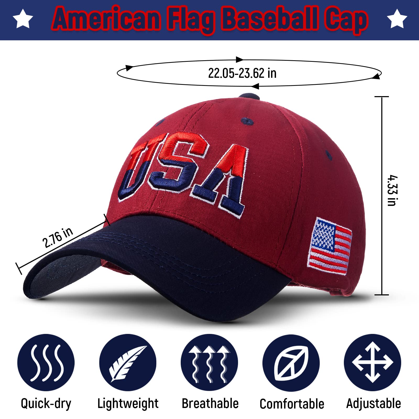 2 Pieces Patriotic Baseball Cap Adjustable Cotton Dad Hat USA Embroidered American Flag Cap for Men Women (Mixed Color)