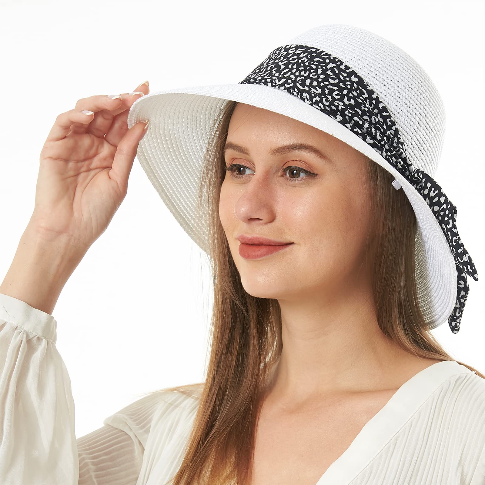 Womens Straw Sun Hat Summer Beach Wide Brim UV Protection Hats with Chin Strap Leopard White Floppy Foldable Packable Ladies Fashion Cute Bowknot Travel UPF 50 Cap for Girls