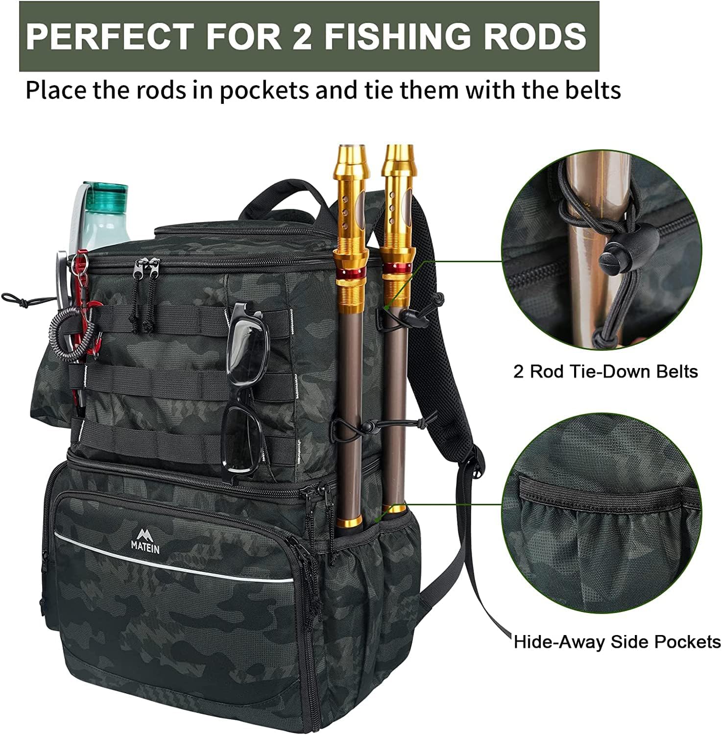 MATEIN Fishing Backpack Tackle Box, Water Resistant Fishing Storage Bag with Rod Holders & Cooler, Fishing Gear Gifts for Men