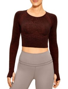 vantonia women's seamless long sleeve crop top cute workout yoga top breathable sports running gym shirts with thumb holes brown marl small