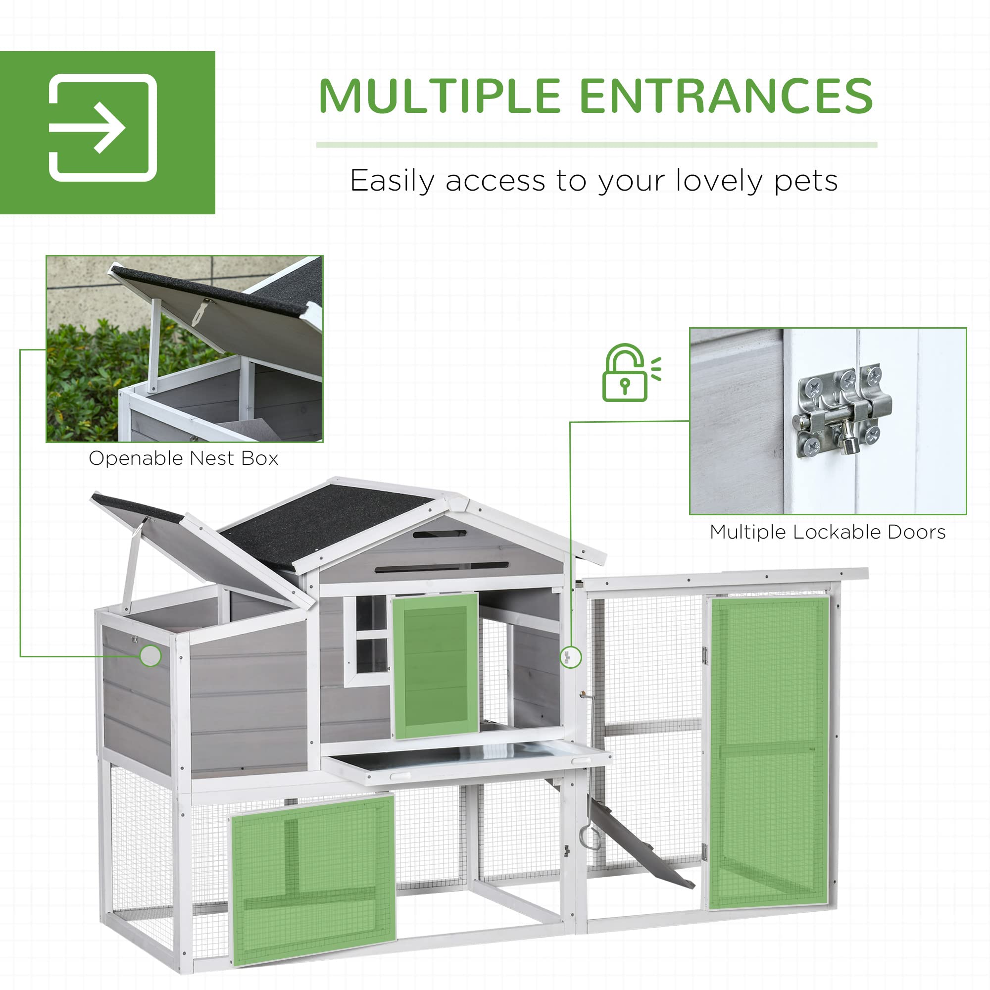 PawHut 76" Wooden Chicken Coop, Outdoor Chicken House Poultry Hen Cage with Outdoor Run, Nesting Box, Removable Tray and Lockable Doors, Grey