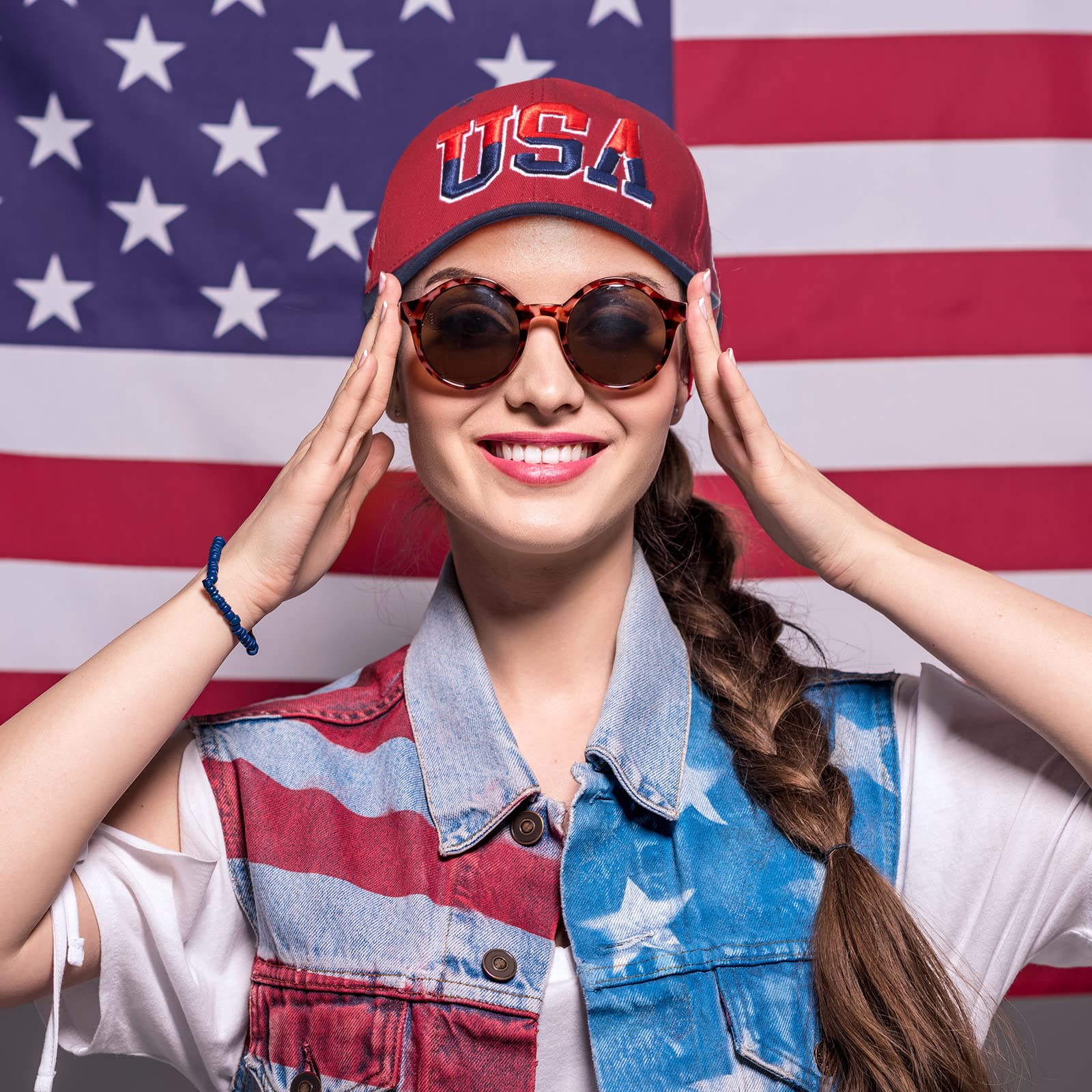 2 Pieces Patriotic Baseball Cap Adjustable Cotton Dad Hat USA Embroidered American Flag Cap for Men Women (Mixed Color)