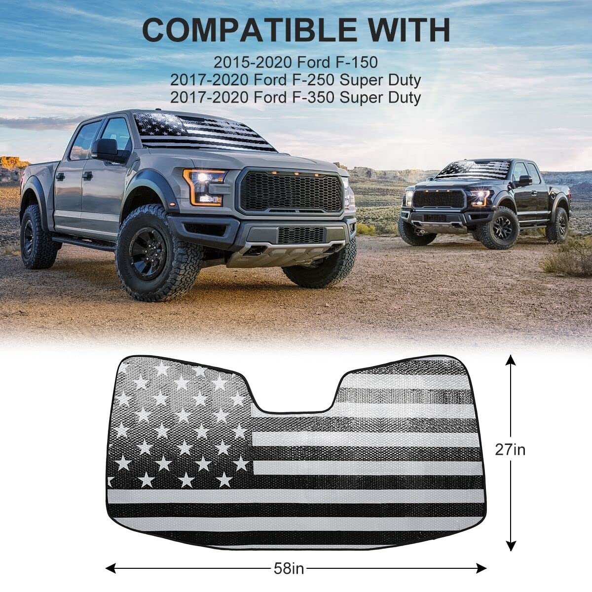 Litivy Windshield Sun Shade American Flag Compatible with 2015-2020 Ford F-150, 2017-2020 Ford F-250/F-350 27"*58" Folding Front Window Sun Shade for Car