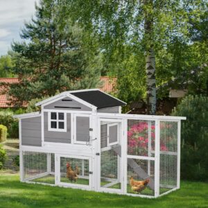 PawHut 76" Wooden Chicken Coop, Outdoor Chicken House Poultry Hen Cage with Outdoor Run, Nesting Box, Removable Tray and Lockable Doors, Grey