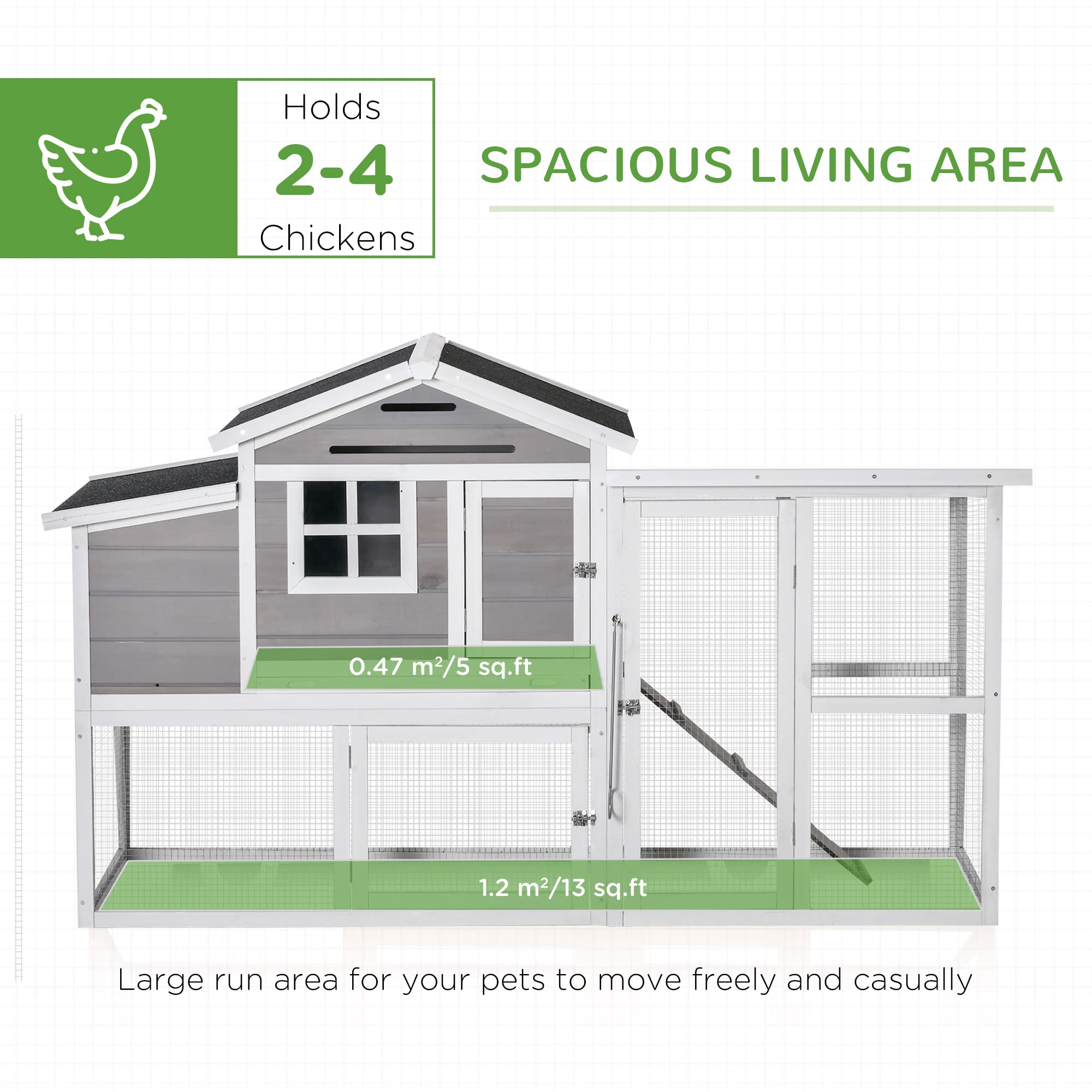 PawHut 76" Wooden Chicken Coop, Outdoor Chicken House Poultry Hen Cage with Outdoor Run, Nesting Box, Removable Tray and Lockable Doors, Grey